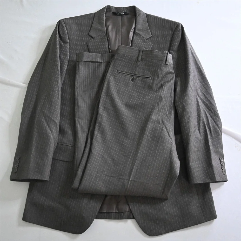 Jos A Bank 44L 36x32 Brown Stripe 100% Wool Mens Jacket Pants Suit